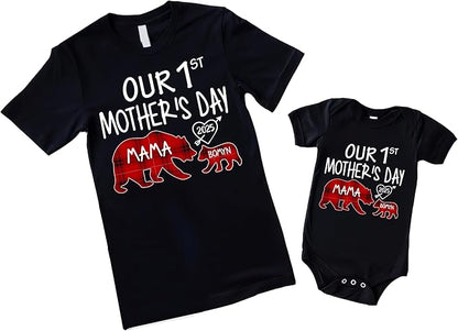 Mama Bear Plaid Pattern Personalized Our First Mothers Day Matching Shirts, Mom Baby Matching Outfits Mothers Day 2025