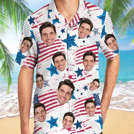 Personalized Hawaiian Shirt with Faces, Short Sleeve Tropical Floral Button, Down Beach Shirt for Men, Gift for Pet Lovers