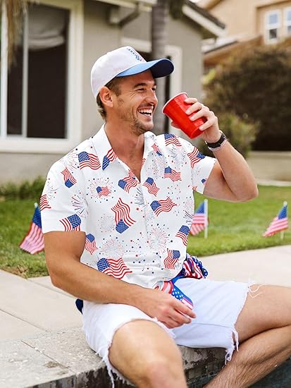 4th of July Custom Face Hawaiian Shirts for Men American Flag Patriotic Short Sleeve Button Down Outfits