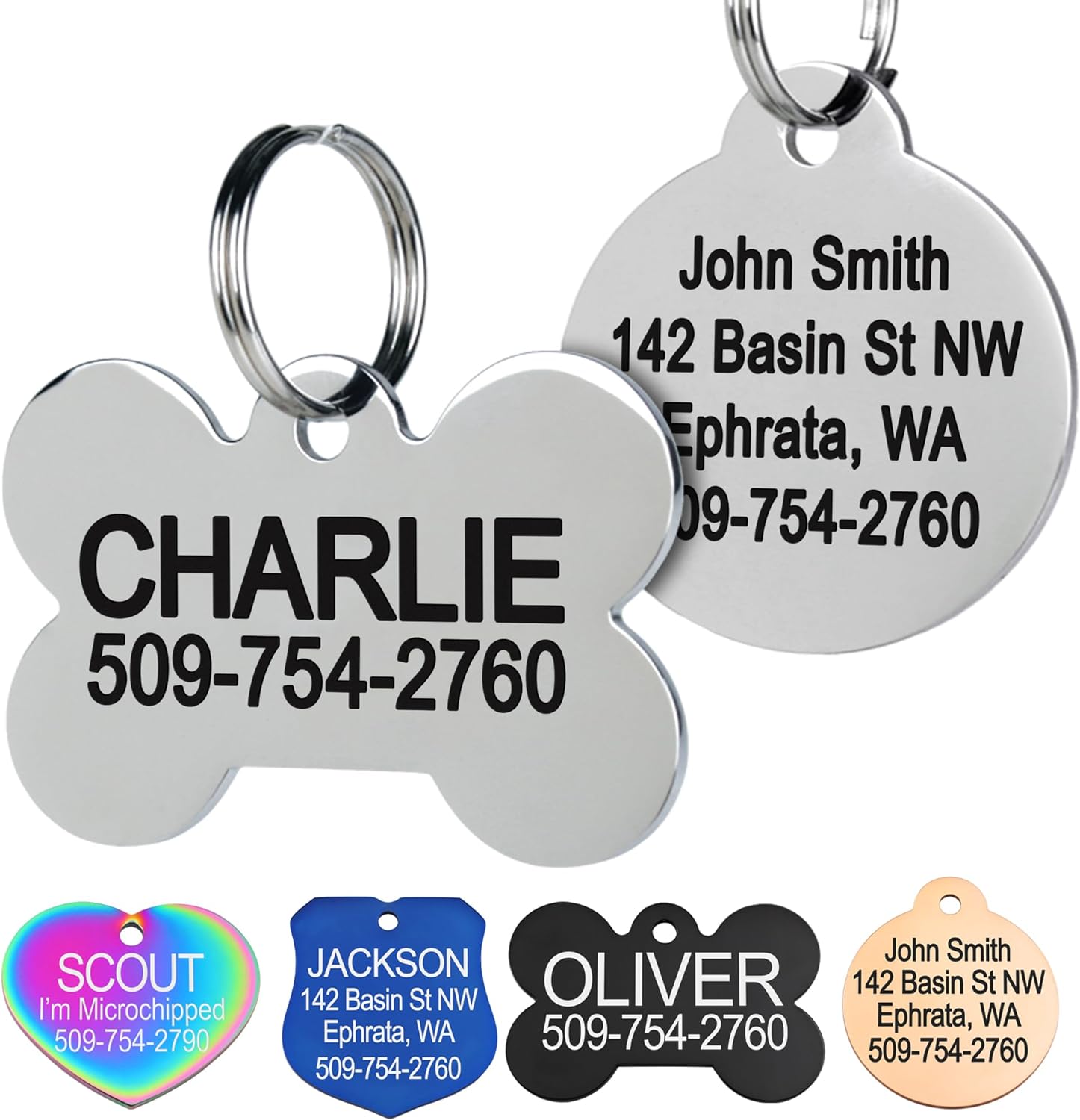 Go Tags Stainless Steel Pet Personalized Dog Tags and Cat Tags, up to 8 Lines of Custom Text, Engraved on Both Sides, in Bone, Round, Heart, BowTie and More