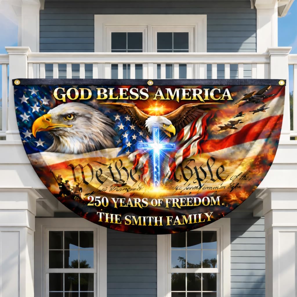 Personalized 250 Years God Bless America Flag Bunting, 250th Anniversary USA Patriotic Flag Custom Family Name, 1776-2026 Commemorative, Celebrate 250th Anniversary Banner, Patriotic Gift