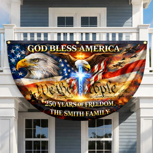 Personalized 250 Years God Bless America Flag Bunting, 250th Anniversary USA Patriotic Flag Custom Family Name, 1776-2026 Commemorative, Celebrate 250th Anniversary Banner, Patriotic Gift