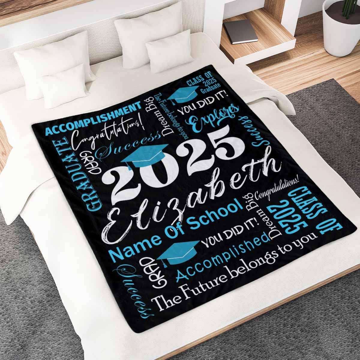 Personalized Graduation Gifts Blanket with Name School, Custom Class of 2025 Graduation Blankets 2025 Grad Throw Customized Blanket for High School College Graduation Party Gifts