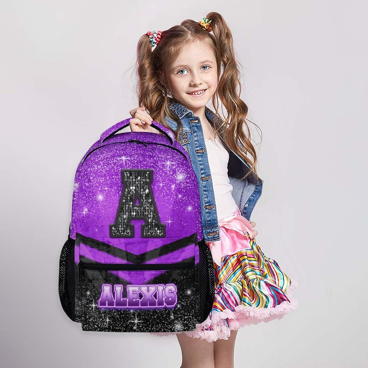 Backpack for Girls Boys Kindergarten, Personalized Cheerleader Schoolbag for Kids Preschool Primary, Lightweight Black Glitter Custom Initial Name Cheer Bookbag for School Travel Hiking