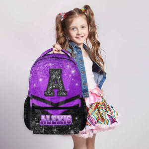 Backpack for Girls Boys Kindergarten, Personalized Cheerleader Schoolbag for Kids Preschool Primary, Lightweight Black Glitter Custom Initial Name Cheer Bookbag for School Travel Hiking
