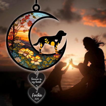 Personalized Dog Memorial Suncatcher Window, Pet Loss Sympathy Gift, Custom Fur Memorial Gifts for Loss of Pet, Dog Remembrance Stained Glass, Hanging Garden Decor with Moon