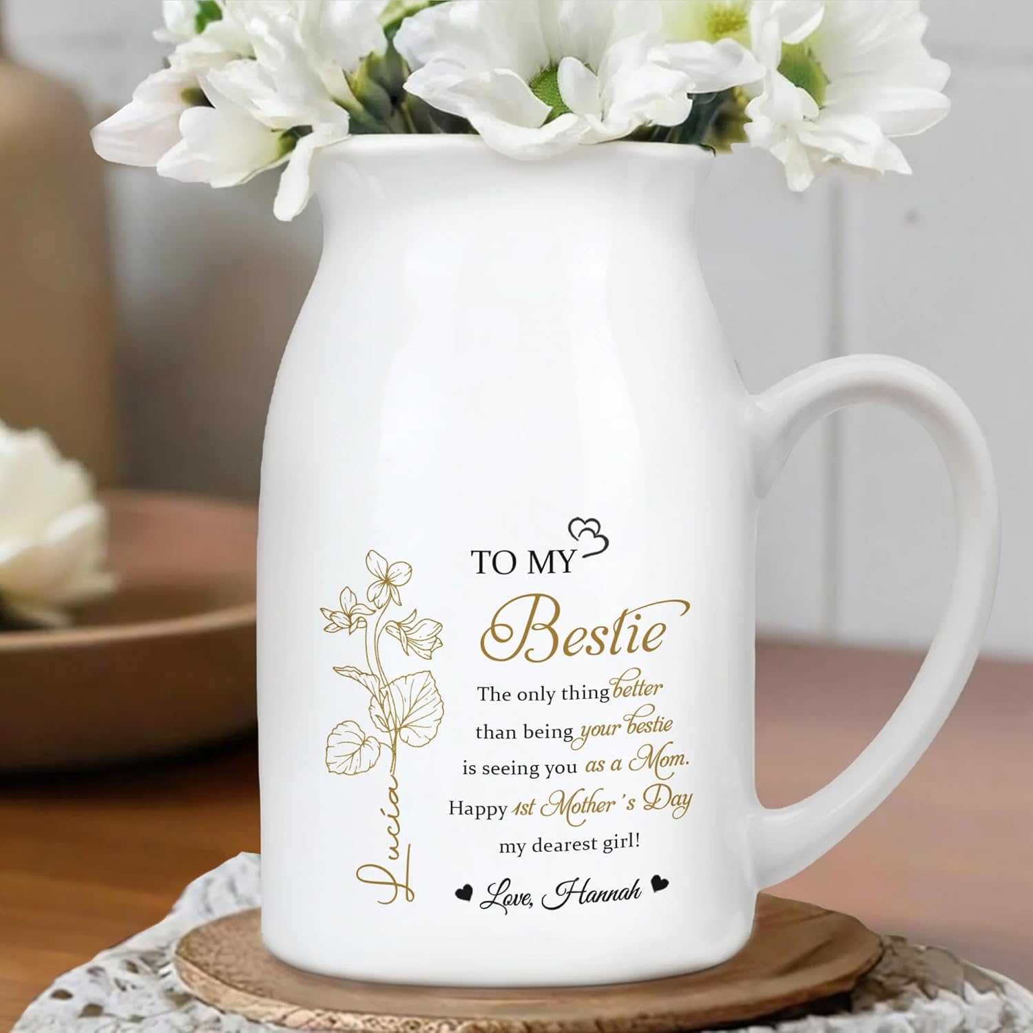 The Only Thing Better Than Being Your Bestie Is Watching You Be A Mom - Personalized Birth Month Flower Flower Vase, To My Bestie Ceramic Flower Vase, New Mom 1st Mothers Day Gift for Sister