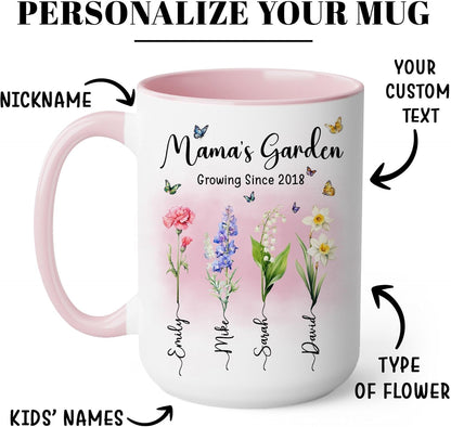 Personalized Mama Mug with Custom Kid Names and Text, Mama's Garden Mug 11oz 15oz, Customized Mother's Day Coffee Cups for Grandma Mug, Gifts for Mimi Gigi Mom Nana from Kids Grandkids on Mother's Day