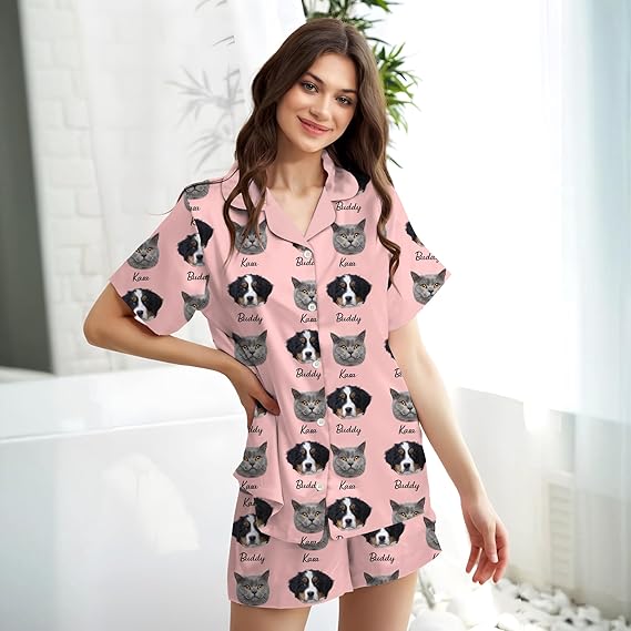 Personalized Women Pajamas Set with Photo, Custom Pet Face Button Down Pajamas Lounge, Gifts for Wife Girlfriend Mom