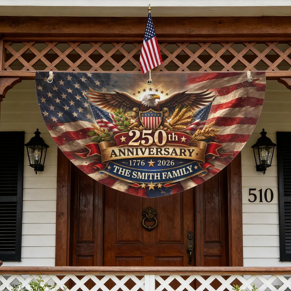 Personalized USA 250th Anniversary Bunting Flag 1776-2026, Patriotic Non-Pleated Fan Flag with Custom Family Name, 4th of July Independent Day America Porch/Fence/Wall/Outdoor Decoration