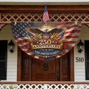 Personalized USA 250th Anniversary Bunting Flag 1776-2026, Patriotic Non-Pleated Fan Flag with Custom Family Name, 4th of July Independent Day America Porch/Fence/Wall/Outdoor Decoration
