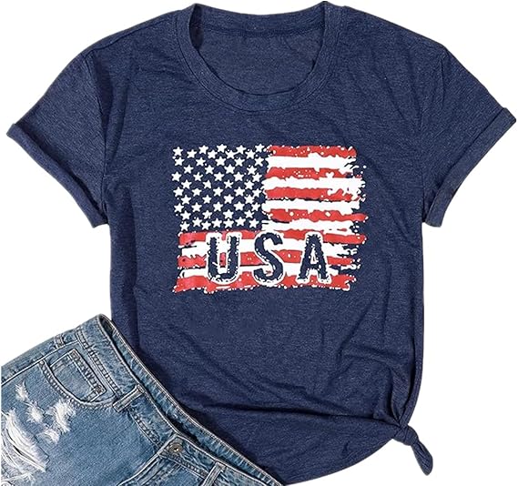 4th of July Shirts Women American Flag Patriotic T-Shirts USA Star Stripes Graphic Tee Tops