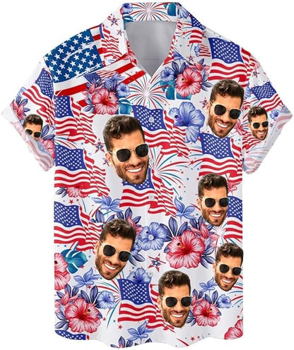 Custom Face Patriotic Short Sleeve Hawaiian Shirt, Personalized Photo Independence Day Hawaiian Shirt, Shirt for Men