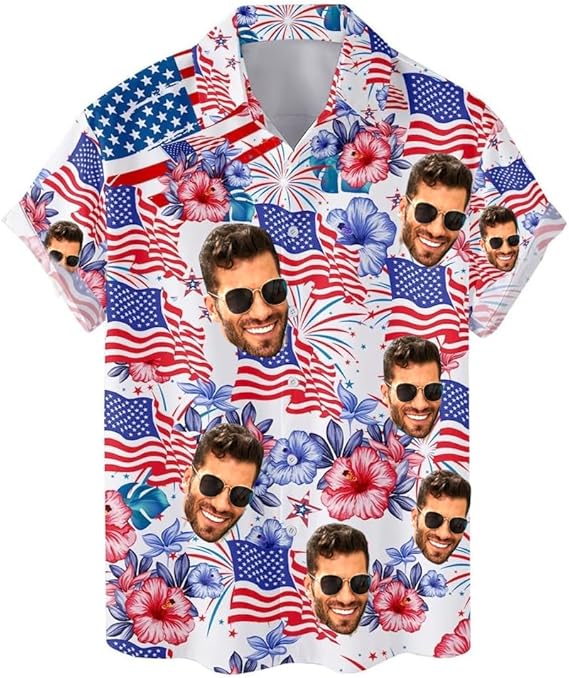 Custom Face Patriotic Short Sleeve Hawaiian Shirt, Personalized Photo Independence Day Hawaiian Shirt, Shirt for Men