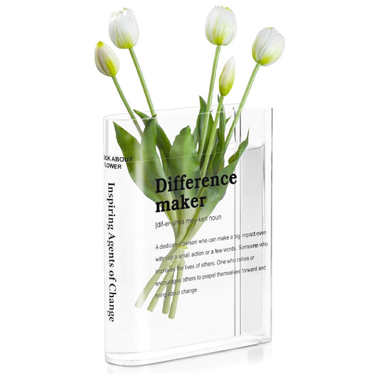 Clear Acrylic Book Vase for Flowers, Transparent Flower Vase for Home Decor, Simplicity Bookshelf Decor, Unique Stuff for Book Lovers, Difference Maker, Gift to Motivate