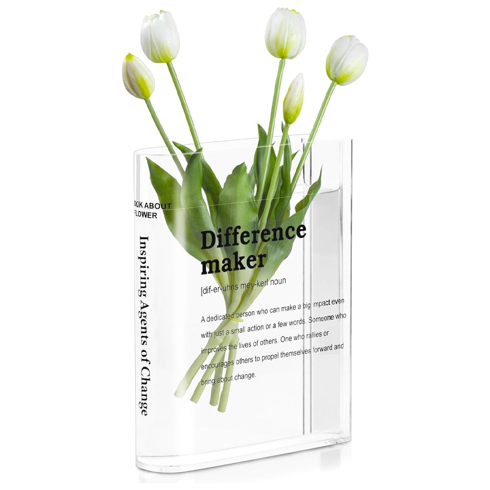 Clear Acrylic Book Vase for Flowers, Transparent Flower Vase for Home Decor, Simplicity Bookshelf Decor, Unique Stuff for Book Lovers, Difference Maker, Gift to Motivate