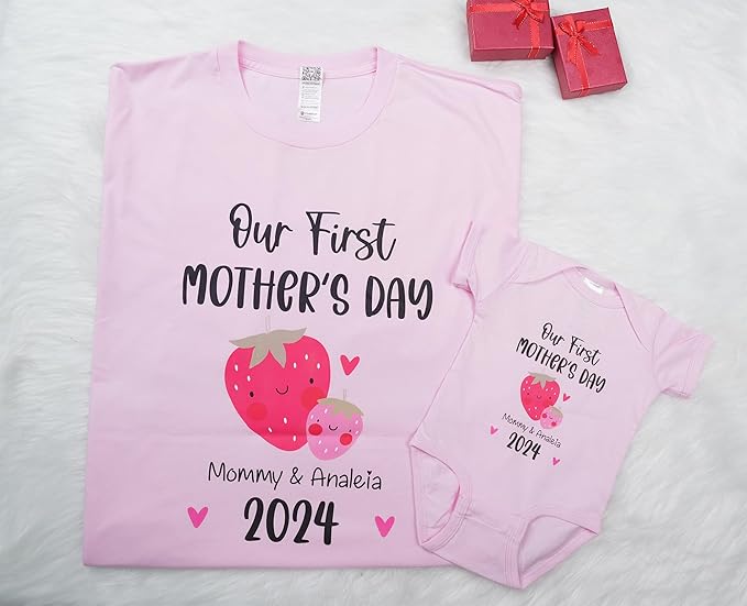 Personalized Our First Mothers Day Matching Shirts, Mom Baby Matching Outfits Mothers Day 2025 Strawberry shirt