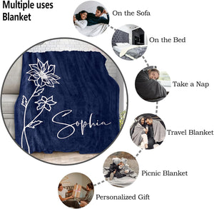 Mom Birthday Blanket Gift, Custom Blanket with Name and Birth Month Flowers, Personalized Blankets for Adults, Personalized Gifts for Women, Mom, Grandma