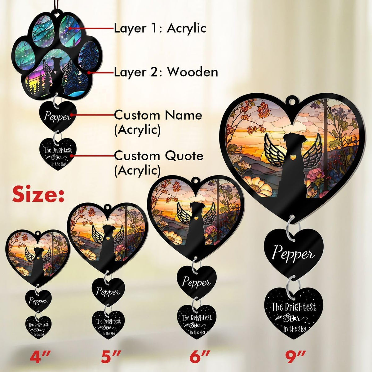 Custom Dog Memorial Suncatcher - Personalized Dog Memorial Gift, Custom Pet Memorial Gift for Loss of Dog, Stained Glass Acrylic Sympathy, Hanging Garden Decor with Paw