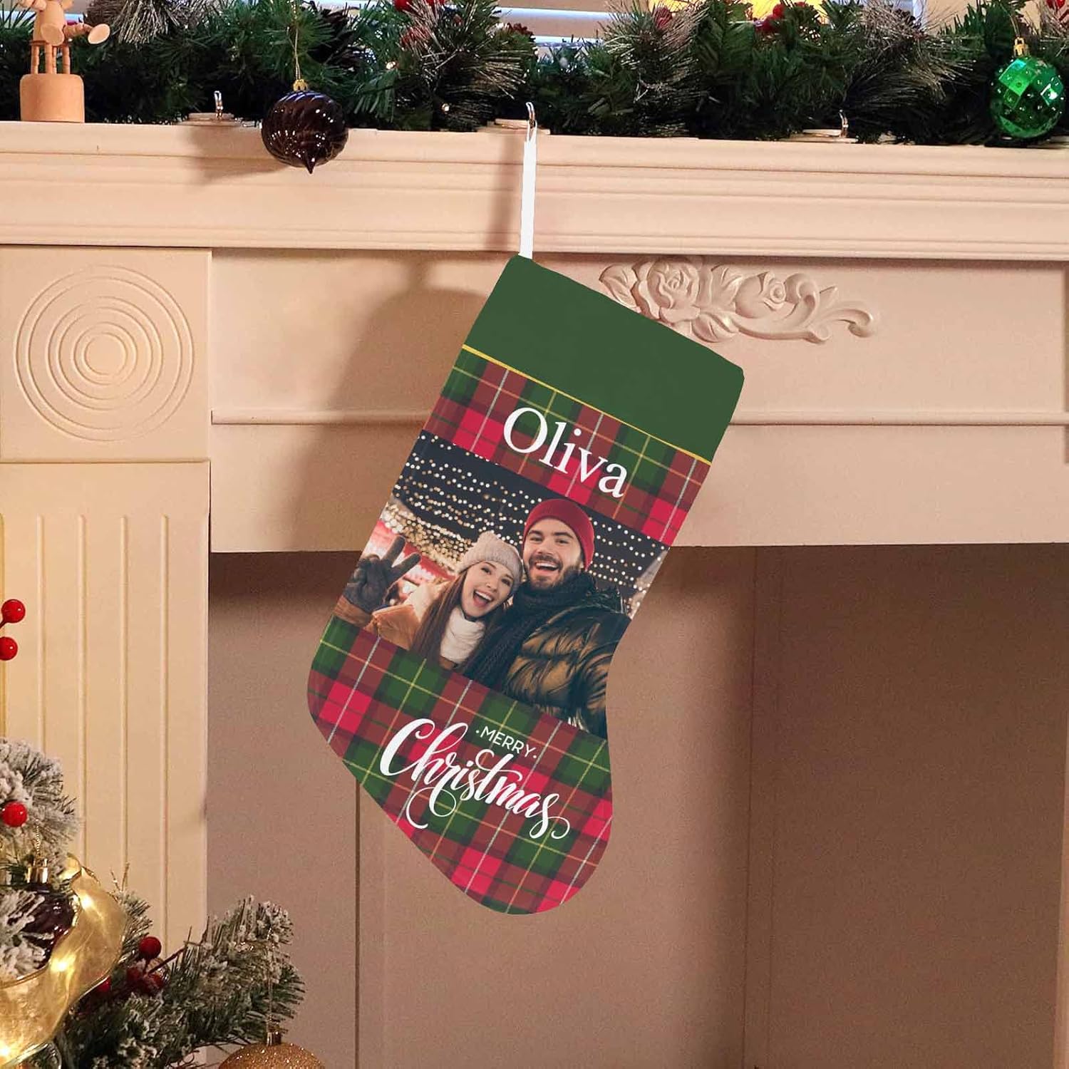 Personalized Photos Christmas Stocking with Name Custom Christmas Stocking Sugarplum Xmas Stocking for Kids Family Customized Stocking for Fireplace