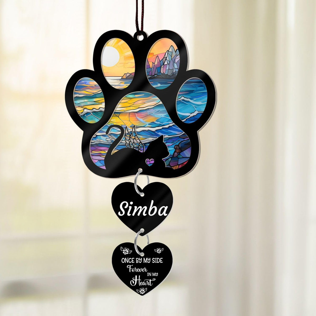 Personalized Cat Memorial Suncatcher for Windows Stained Glass, Custom Pet Sympathy Gift to Memorialize The Loss,Unique Angel Cat Statue Suncatchers with Personalized Decorations