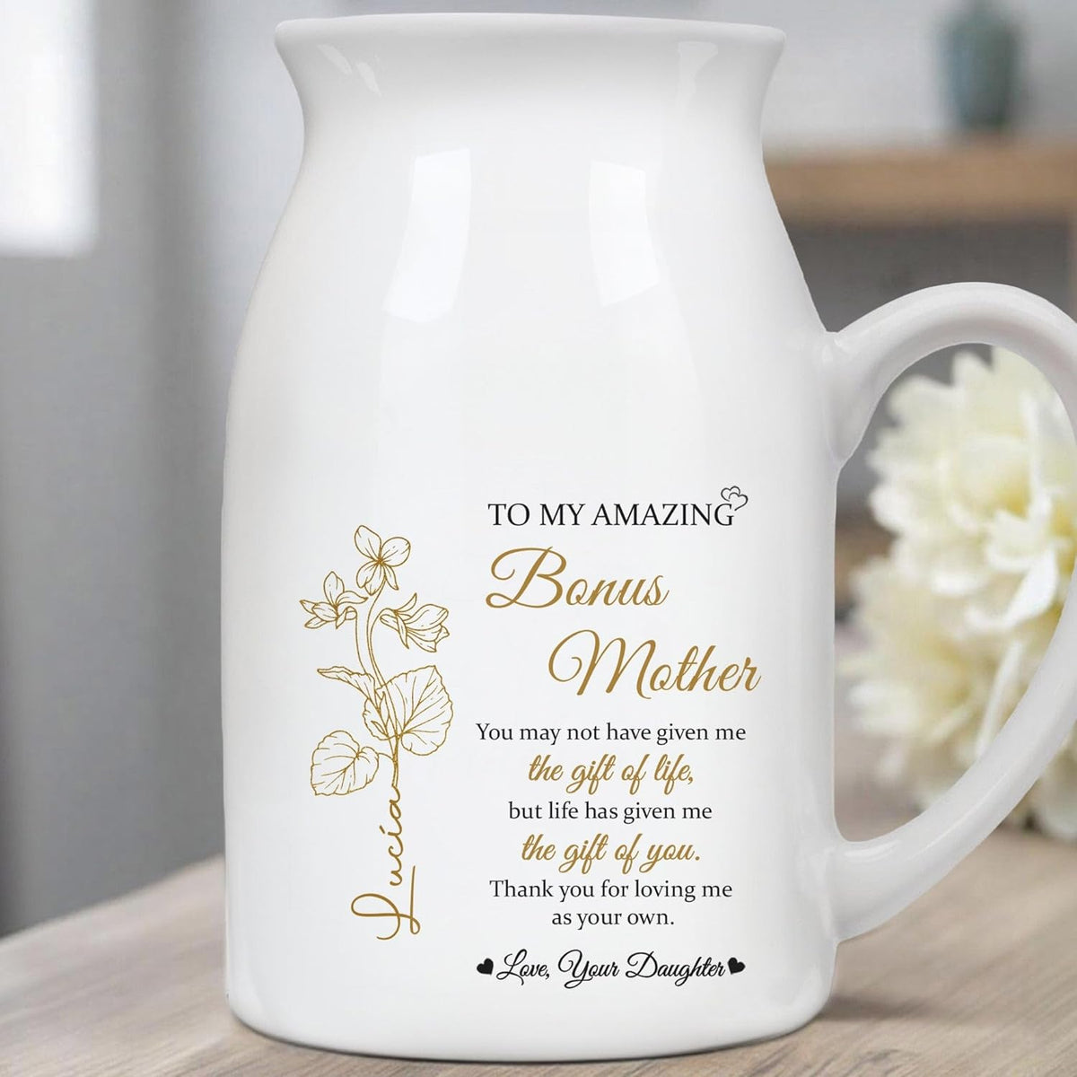 Personalized to My Amazing Bonus Mother Ceramic Flower Vase for Women Stepmoms Bonus Moms Custom Birth Month Flowers and Sentimental Text Vase Perfect Idea for Her On Mother's Day Ideal Home Decor