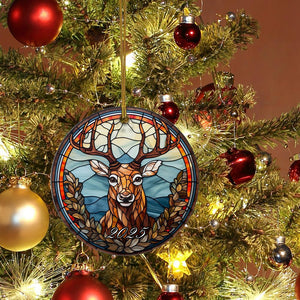 Christmas Ceramic Christmas Ornament - Stained Glass Themed Reindeer Design - Gift for Reindeer Lover