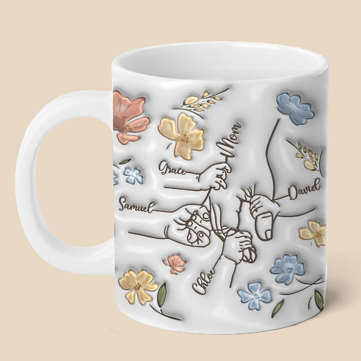 Personalized Mother's Day Gifts Mom You Hold My Hand Also My Heart Mug, Personalized Holding Mama's Hand 3D Inflated Effect Mug, Hold My Hand Coffee Mug, Mother And Children Ceramic Mug