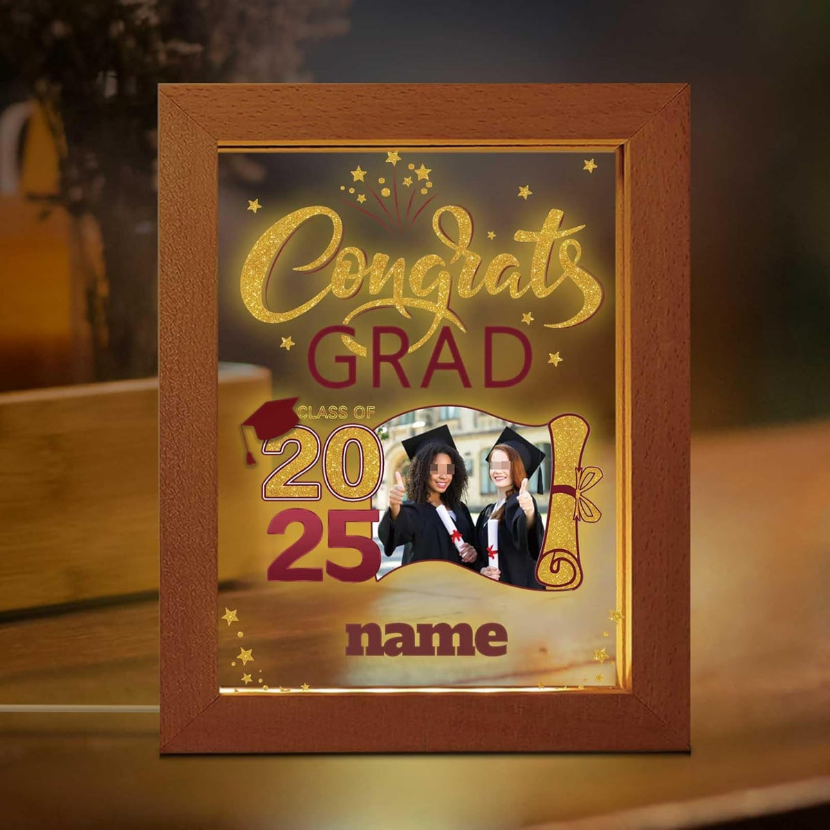 Personalized Night Light Graduation Gift with Wooden Picture Frame Customized Photo Text Congrats Grad Gift Class of 2025 Acrylic Night Lamp Gift for Graduation