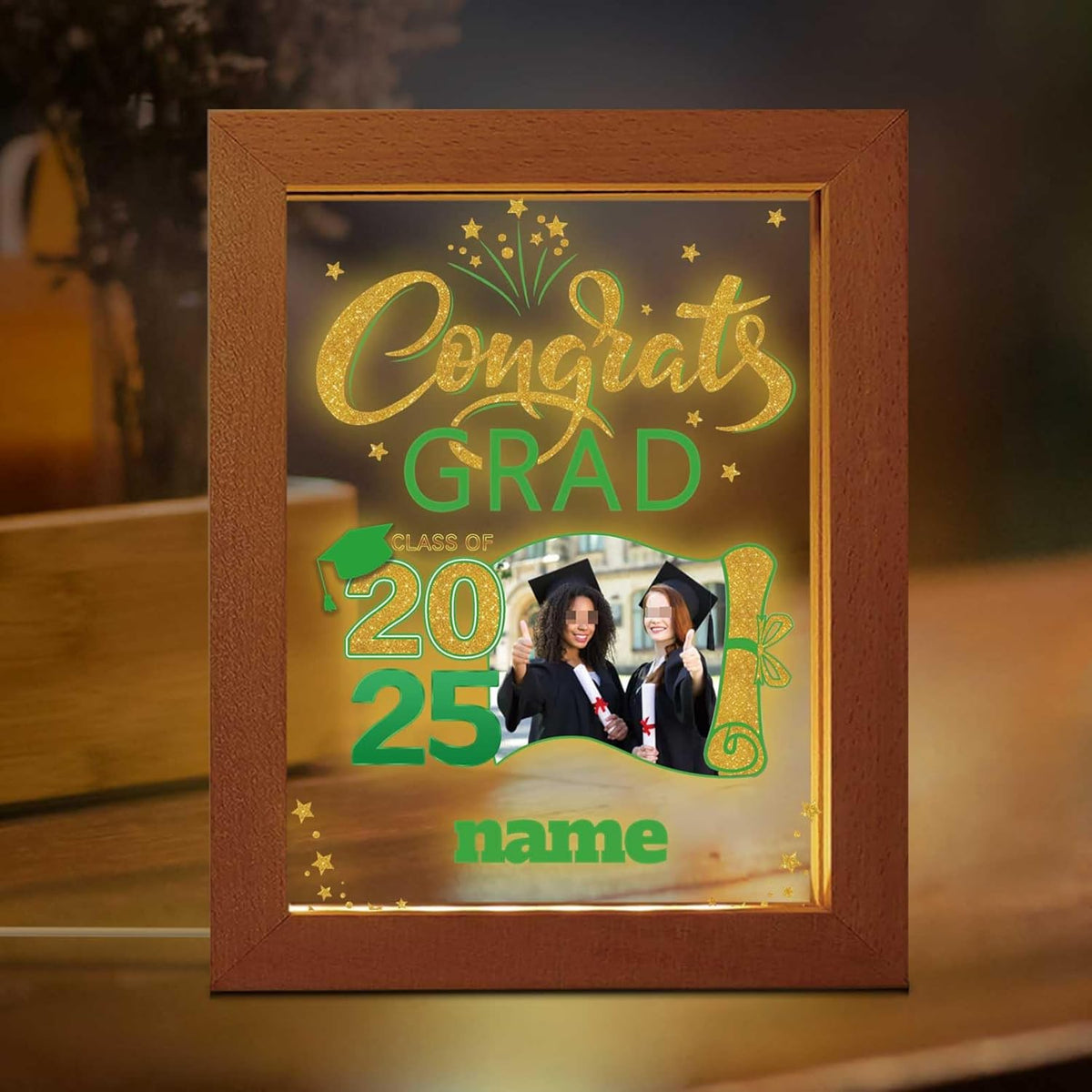 Personalized Night Light Graduation Gift with Wooden Picture Frame Customized Photo Text Congrats Grad Gift Class of 2025 Acrylic Night Lamp Gift for Graduation