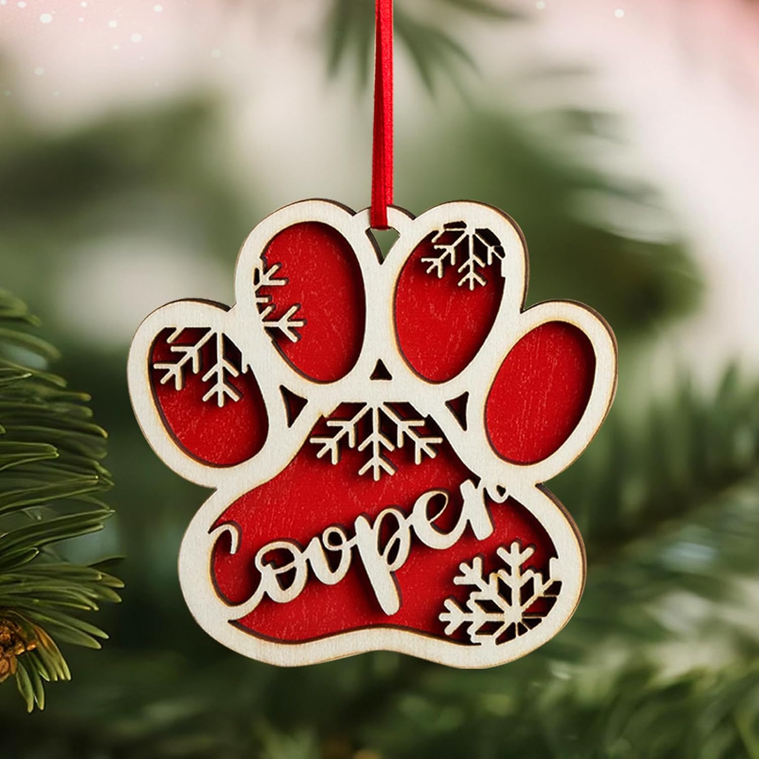 Personalized Pet Paw Ornament, Wooden 2 Layer Christmas Ornament with Name, Gift for Dog Lover or Pet Memorial Keepsake, Pet Name Christmas, Winter Snowflake Wooden Holiday Decor