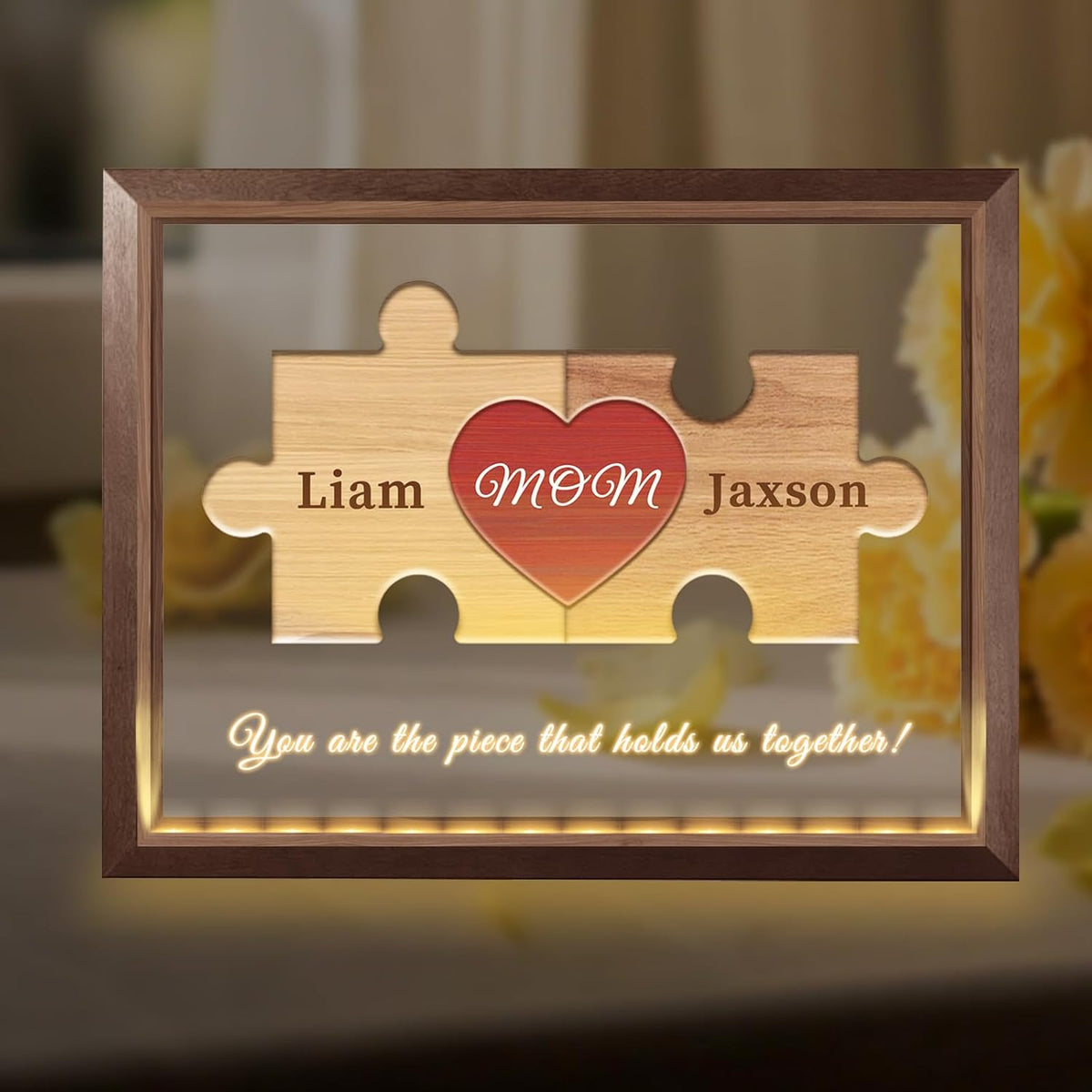 Mom You are The Piece That Holds Us Together, Personalized Mom Puzzle Piece Sign Plaque Frame with LED Night Light, Mothers Day Puzzle Gift, Personalzied from Daughter Son