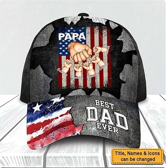Fist Bump Flag Best Dad Ever Cap - Personalized Men Cap Gifts for Father's Day, Birthday Gift for Dad Grandpa Papa, Best Dad Ever Hat Custom Nickname and Kid's Names