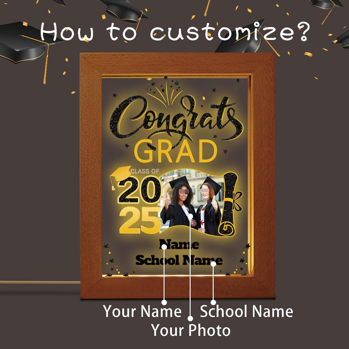 Personalized Night Light Graduation Gift with Wooden Picture Frame Customized Photo Text Congrats Grad Gift Class of 2025 Acrylic Night Lamp Gift for Graduation