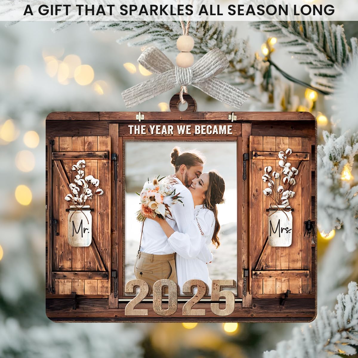 Personalized Wedding Gifts for Couples 2025 - Marriage Customized Wood Ornaments with Photos, Bridal Shower Gifts for Bride, Mr and Mrs Engagement Gift, Personalized Picture Frame