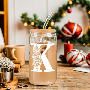 Gifts for Holidays,Birthday Gifts for Women,Personalized Initial Glass Cup as Iced Coffee Cups,Aesthetic Smoothie Cup Cute Beer Tumbler,16 oz Glass Cups
