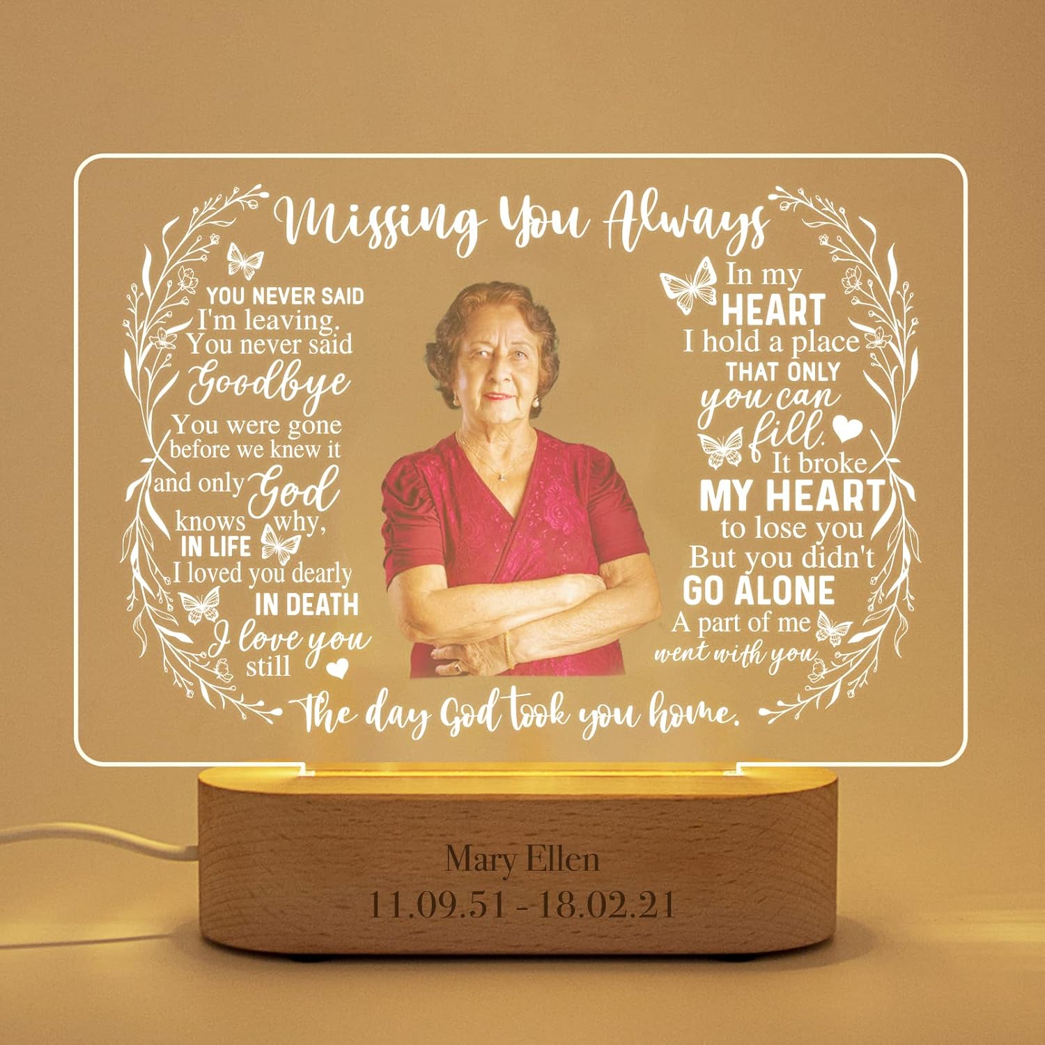 Personalized Unique Sympathy Gifts for Loss of Mom Custom in Memory of Loved One Light Up Picture Frames with Photo and Text Memorial Plaque Night Light Lamp