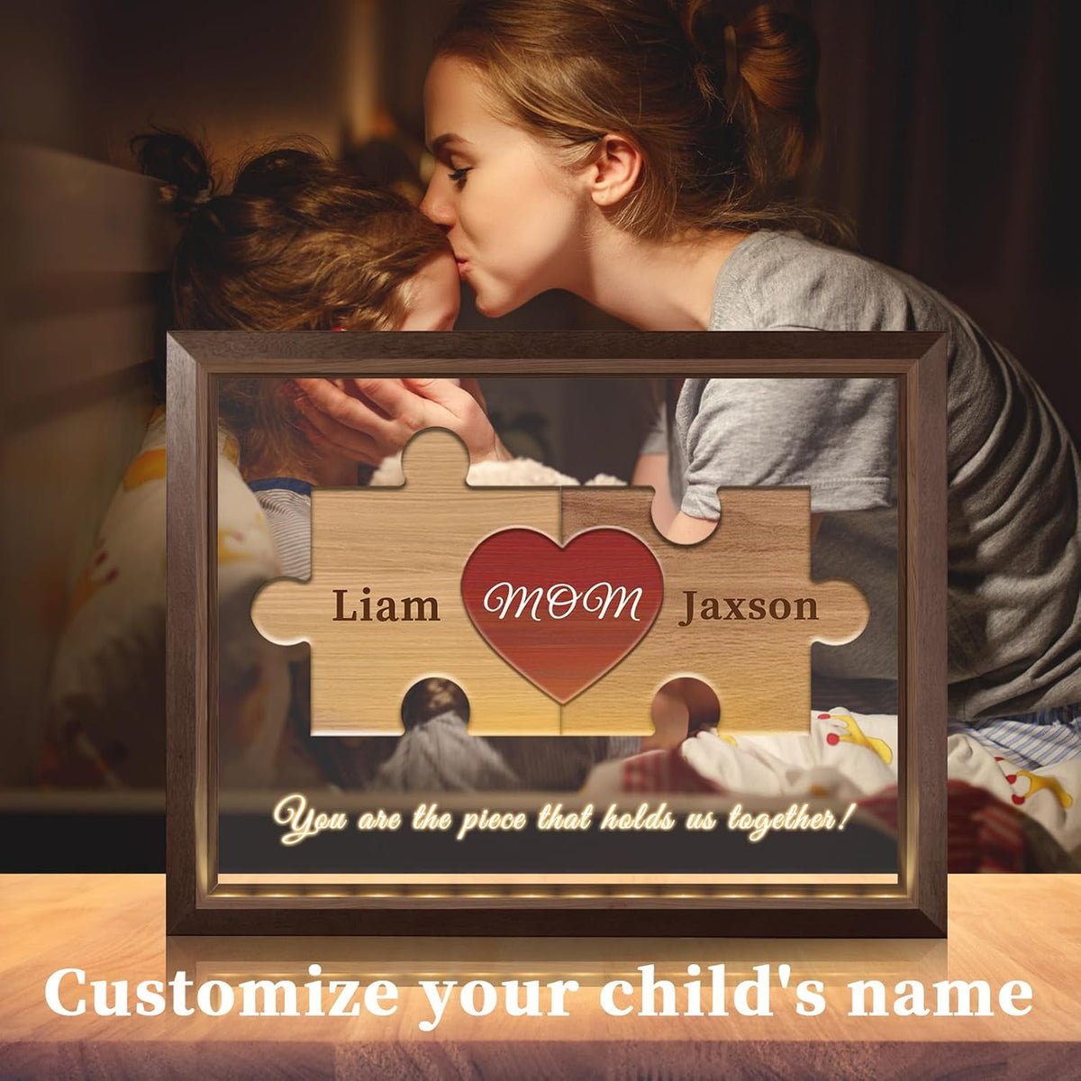 Mom You are The Piece That Holds Us Together, Personalized Mom Puzzle Piece Sign Plaque Frame with LED Night Light, Mothers Day Puzzle Gift, Personalzied from Daughter Son