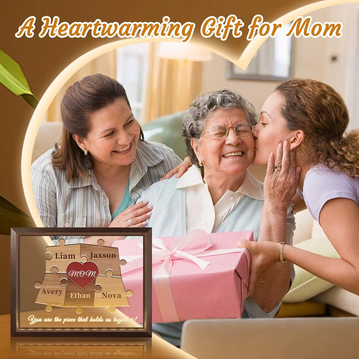 Mom You are The Piece That Holds Us Together, Personalized Mom Puzzle Piece Sign Plaque Frame with LED Night Light, Mothers Day Puzzle Gift, Personalzied from Daughter Son