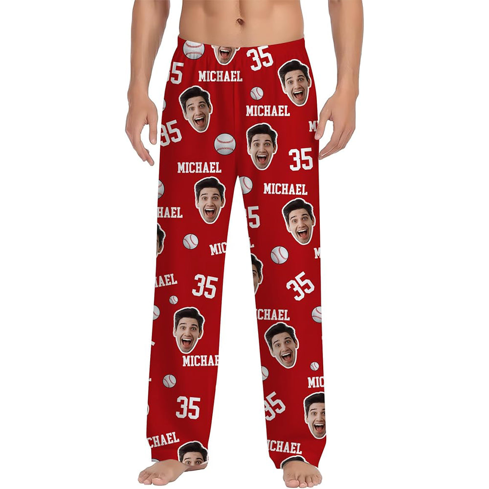 Personalized Baseball Pajamas Pants With Face Photo, Custom PJ Bottom Pants, Customized Gifts For Baseball Lovers Men Women Husband Wife Dad Mom
