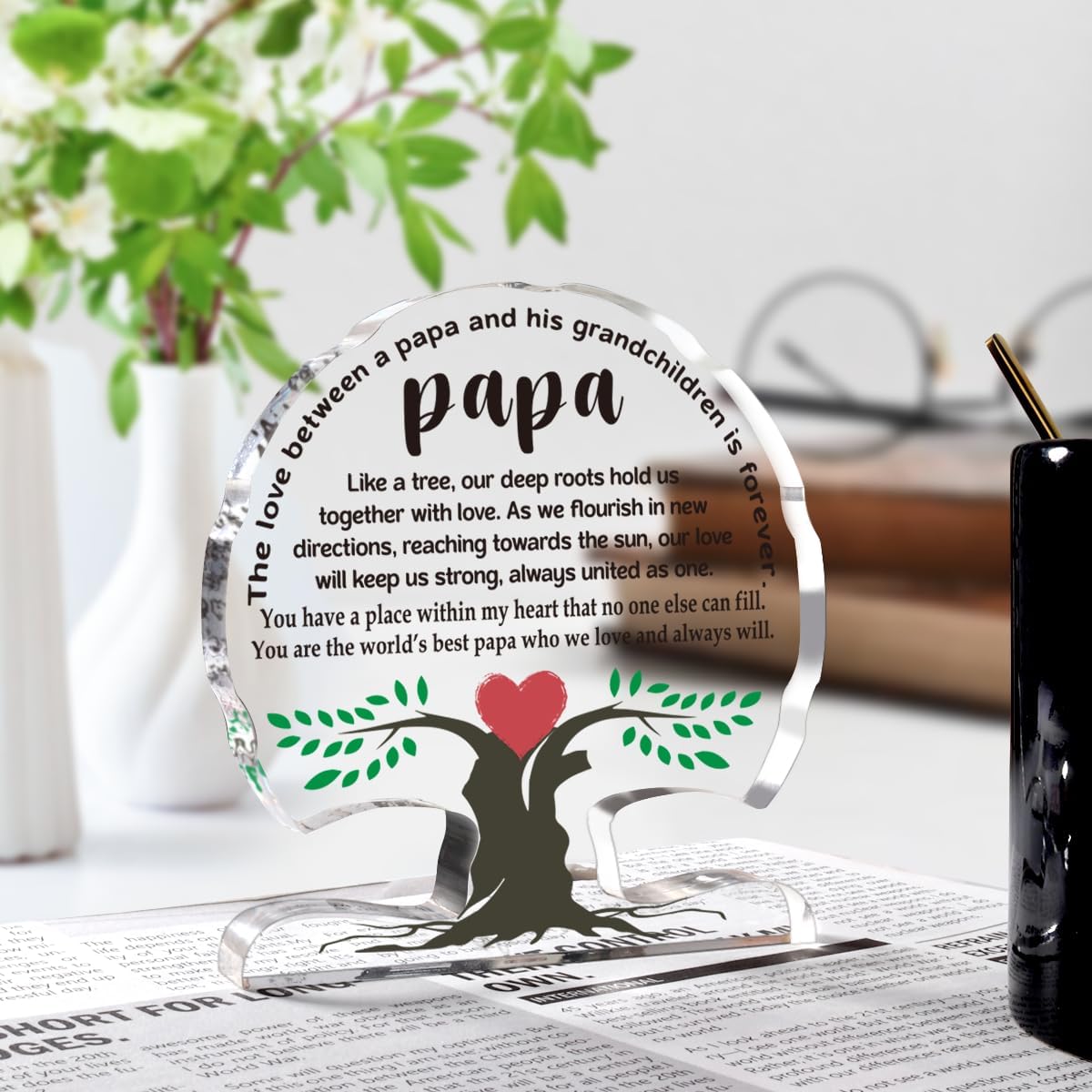 Fathers Day Papa Gift from Grandchildren, Birthday Gifts for Papa Grandfather, Appreciation Thank You Grandpa Papas Acrylic Tree Desk Signs Plaque Home Office Decor