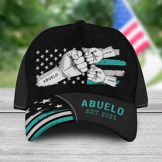 Personalized Grandpa Cap, Fist Bump Flag Dad Hat Custom Name, 3D Baseball Cap Men, Fathers Day Hat Gift for Dad Papa