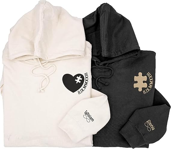 Custom Embroidered Perfect Heart and Puzzle Piece Roman Numeral Sweatshirt Hoodie, Custom Name for Couple, Custom Letter Name On Sleeve, Gifts for Him Her, Matching Couples Hoodies