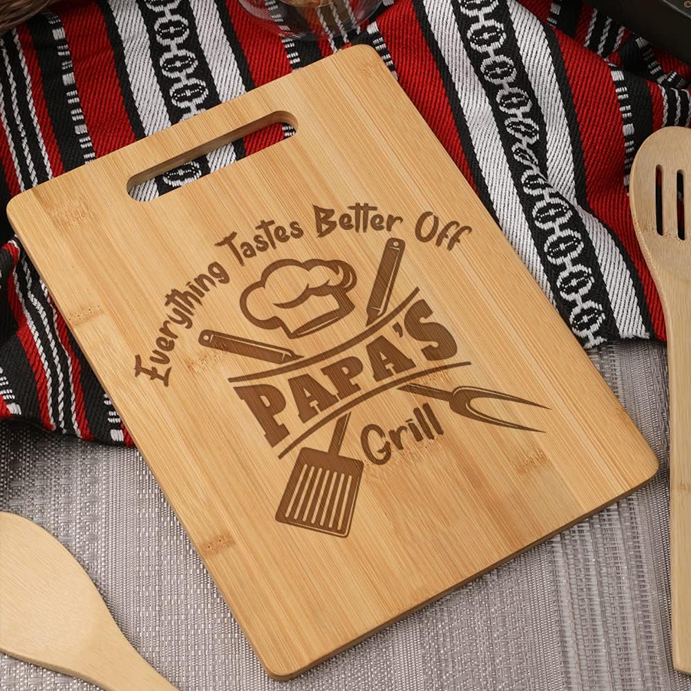 Dad Cutting Board - Everything Tastes Better Off Papa - Engraved Bamboo Cooking Board Gift for Papa, Stepfather, Godfather