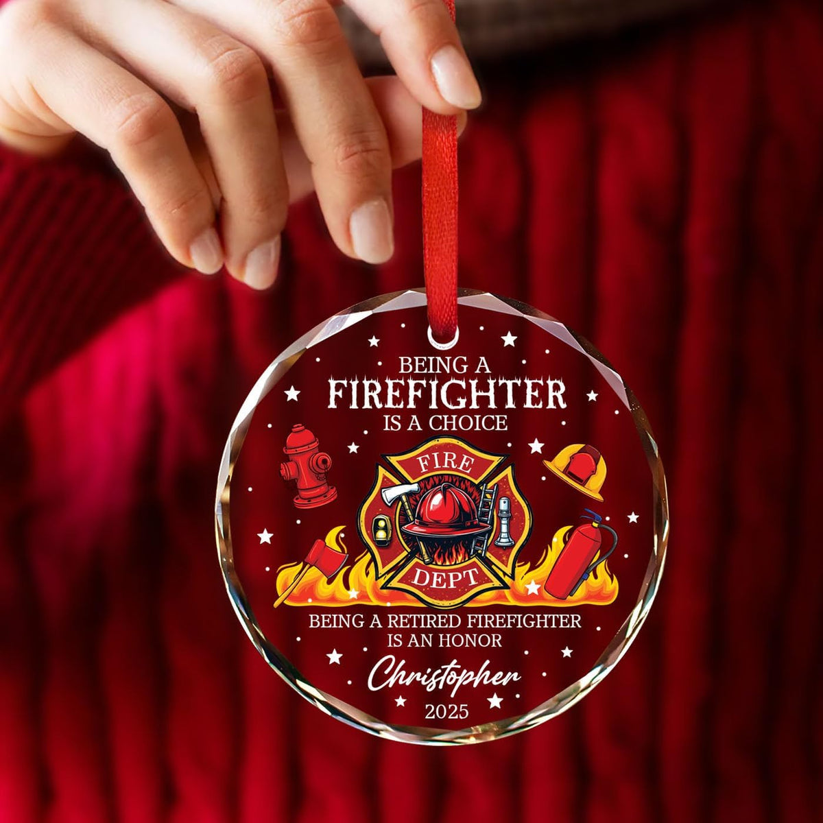 Custom Name/Year Retired Firefighting Christmas Glass Ornament 2025, Being A Retired Firefighter is an Honor Ornaments, Personalized Fireman Retirement Ornament Gifts for Men Dad Husband Coworkers