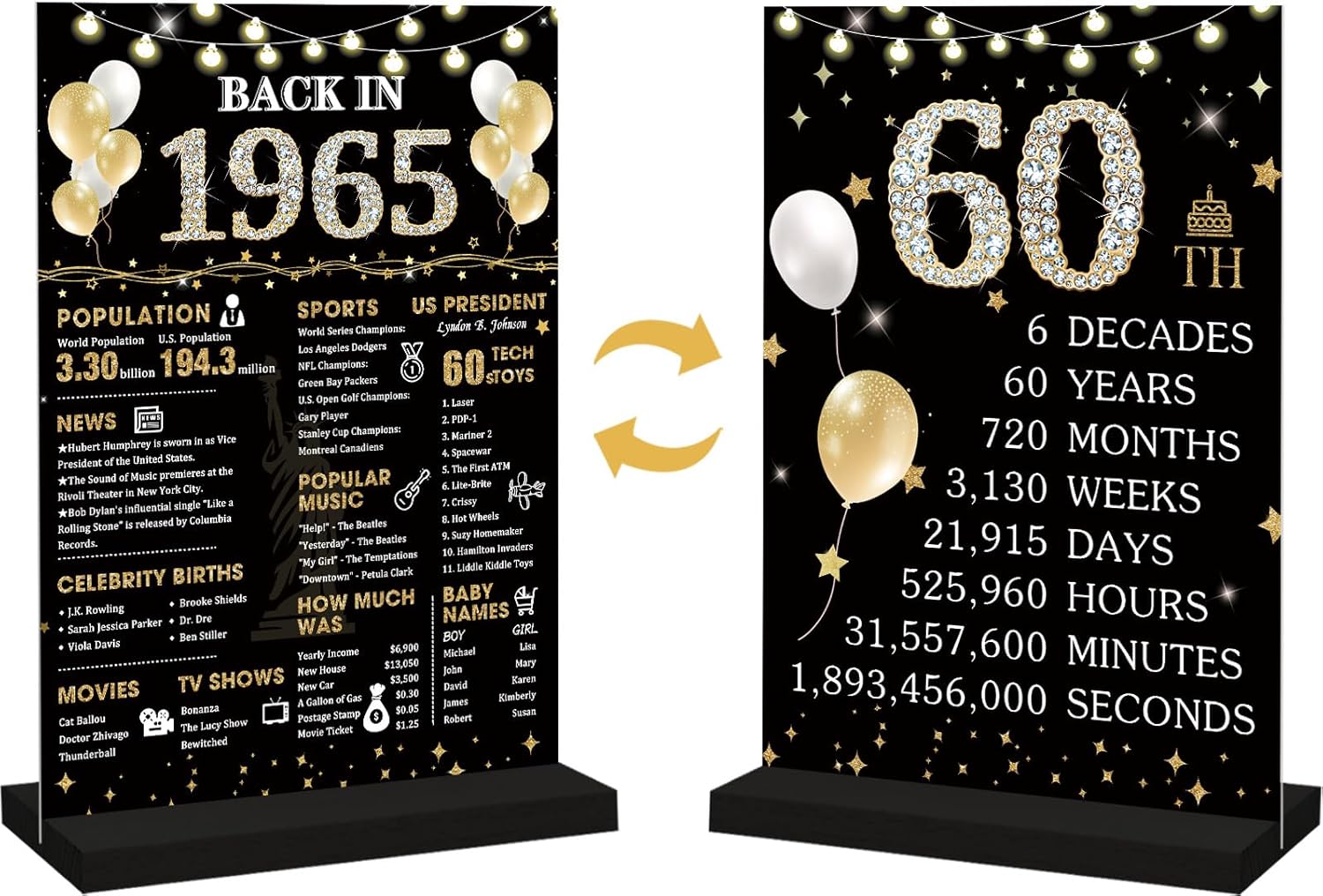 60th Birthday Decorations Gift for Women Men, Black Gold Back in 1965 Poster Acrylic Sign Centerpiece 60th Anniversary Table Decor, 60 Years Old Birthday Party Supplies