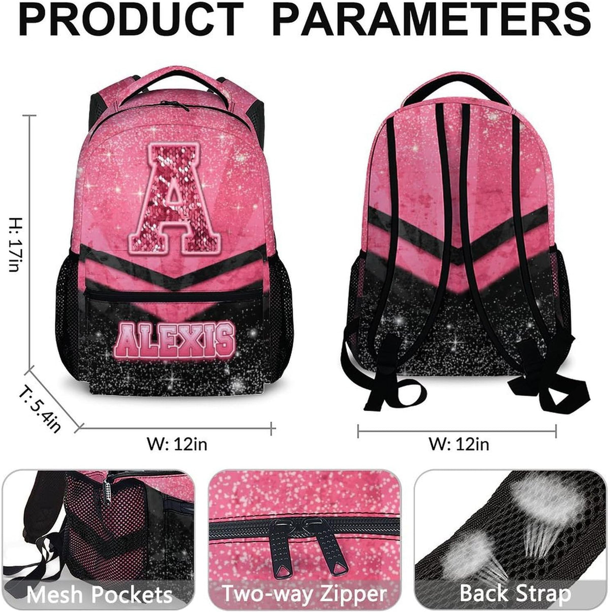Custom School Backpack for Girls- Personalized Glitter Initial Name Backpack for Kids Kindergarten Preschool Primary - Black & Pink Student Cheerleader Bookbag for Travel Work School