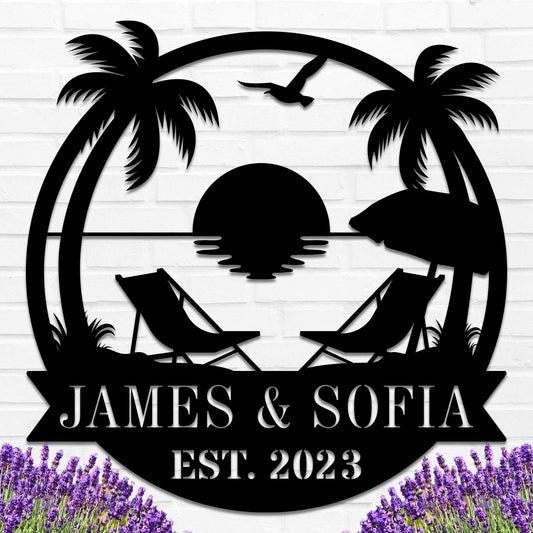 Personalized Beach Metal Monogram Sign, Custom Palm Trees Metal Couple Names Sign, Outdoor Metal Family Name Sign, Custom Couple Names Sign, Beach Coastal House Decor