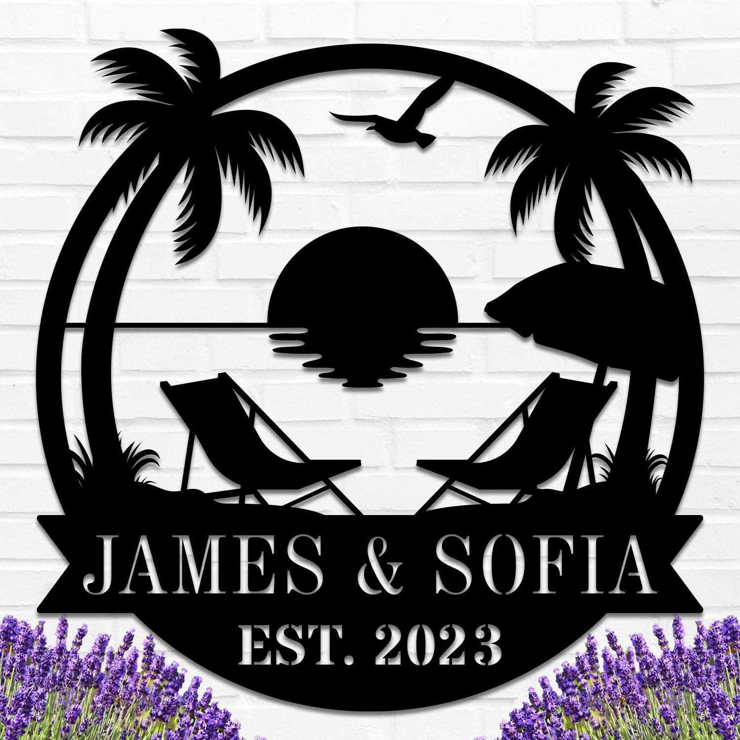 Personalized Beach Metal Monogram Sign, Custom Palm Trees Metal Couple Names Sign, Outdoor Metal Family Name Sign, Custom Couple Names Sign, Beach Coastal House Decor