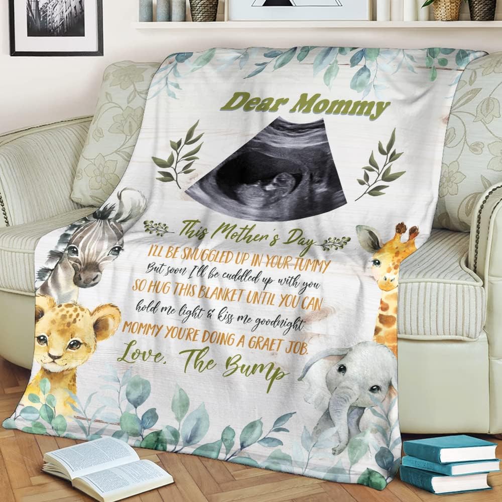 Personalized Ultrasound Photo Baby Blanket, Mommy Safari Animals, Mothers Day Birthday Gifts for Mom, Mother, First Time Mom, Unique Gift for Wife from Husband, Custom Sonogram Picture